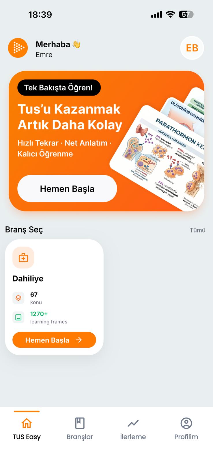TUS Easy ana sayfa ekranı