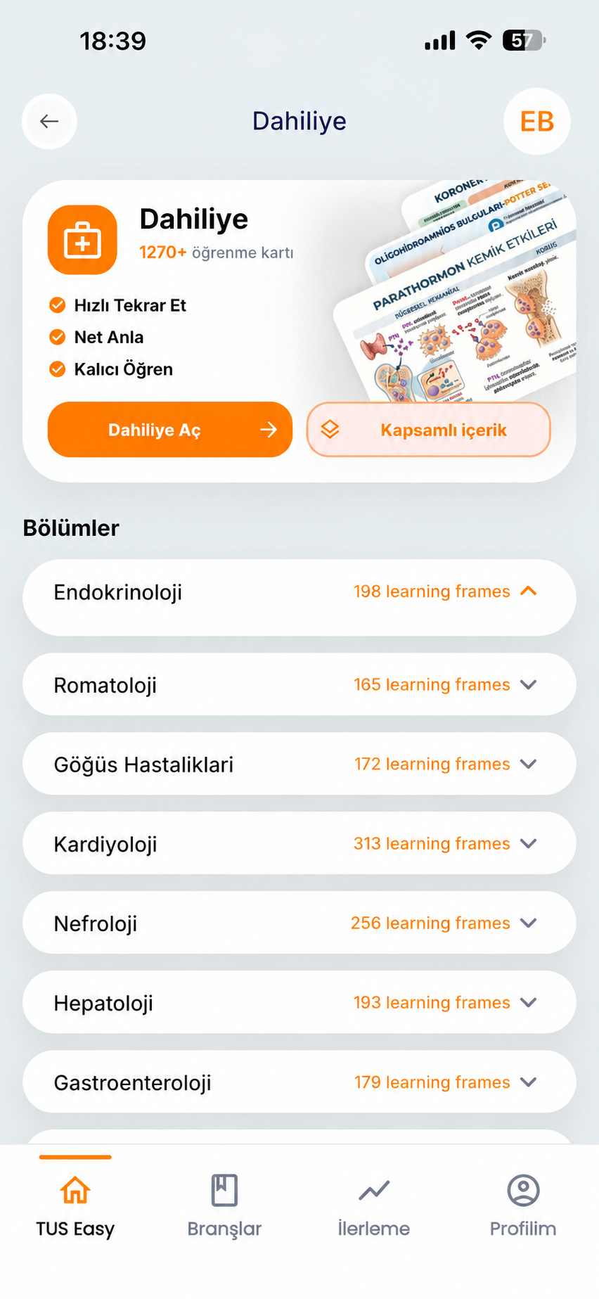 TUS Easy Dahiliye bölümleri ekranı