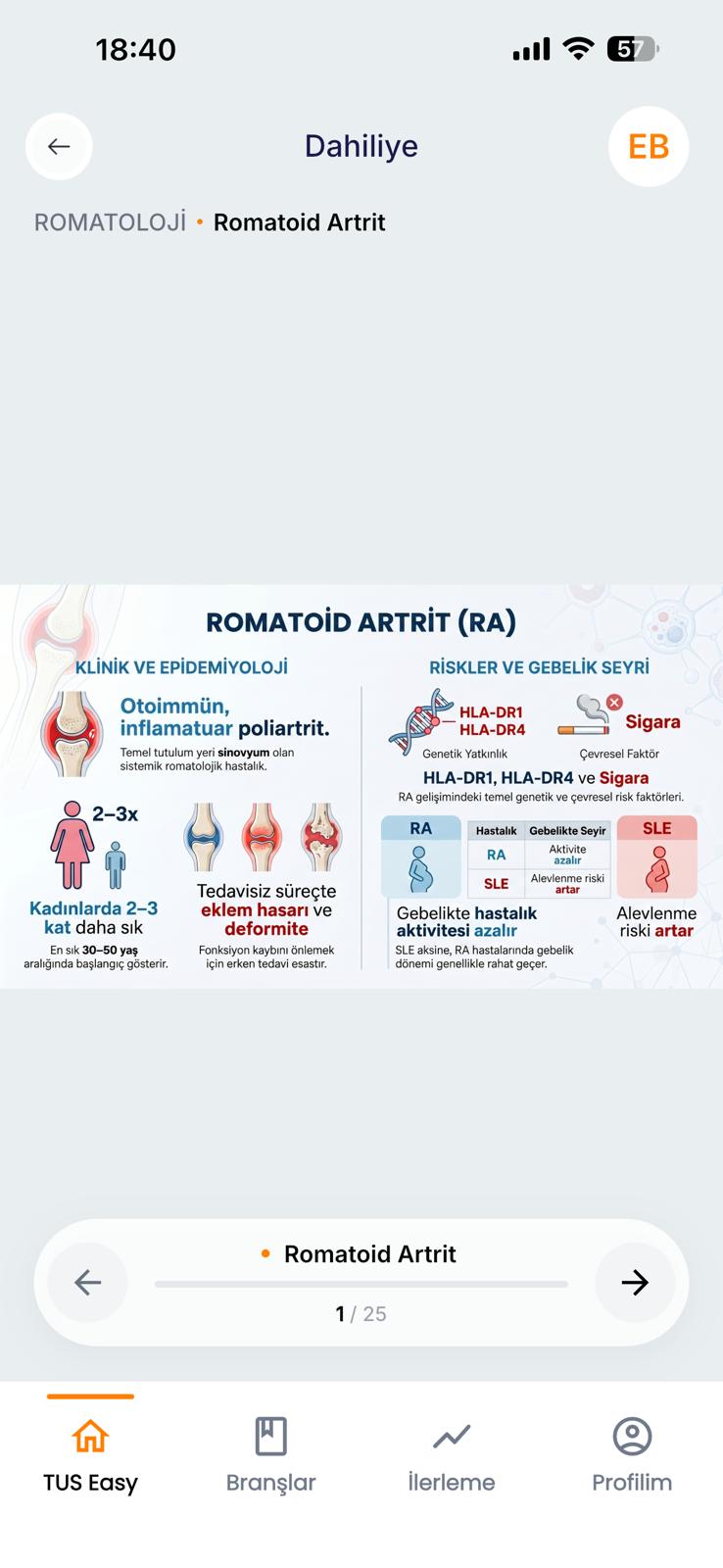 TUS Easy uygulamasında Romatoid Artrit Frame ekranı